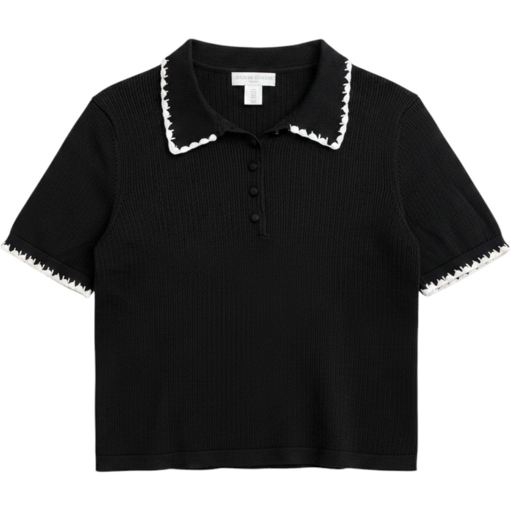 Caroline Constas Womens M Black Short Sleeve Knit Polo White Crochet Trim Top‎
